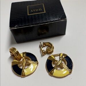Convertible Door Knocker Earrings Gold Navy Nautical Clip Vintage 1995 NIB 1.5"